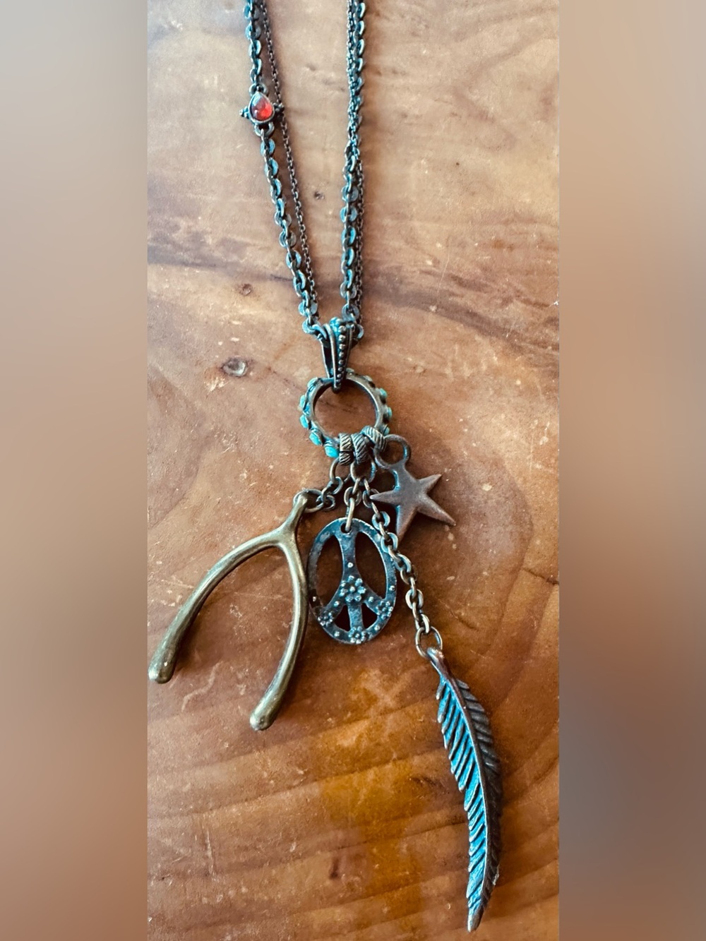 Lucky Brand Brass-Tone Charm Necklace with Turquoise Accents